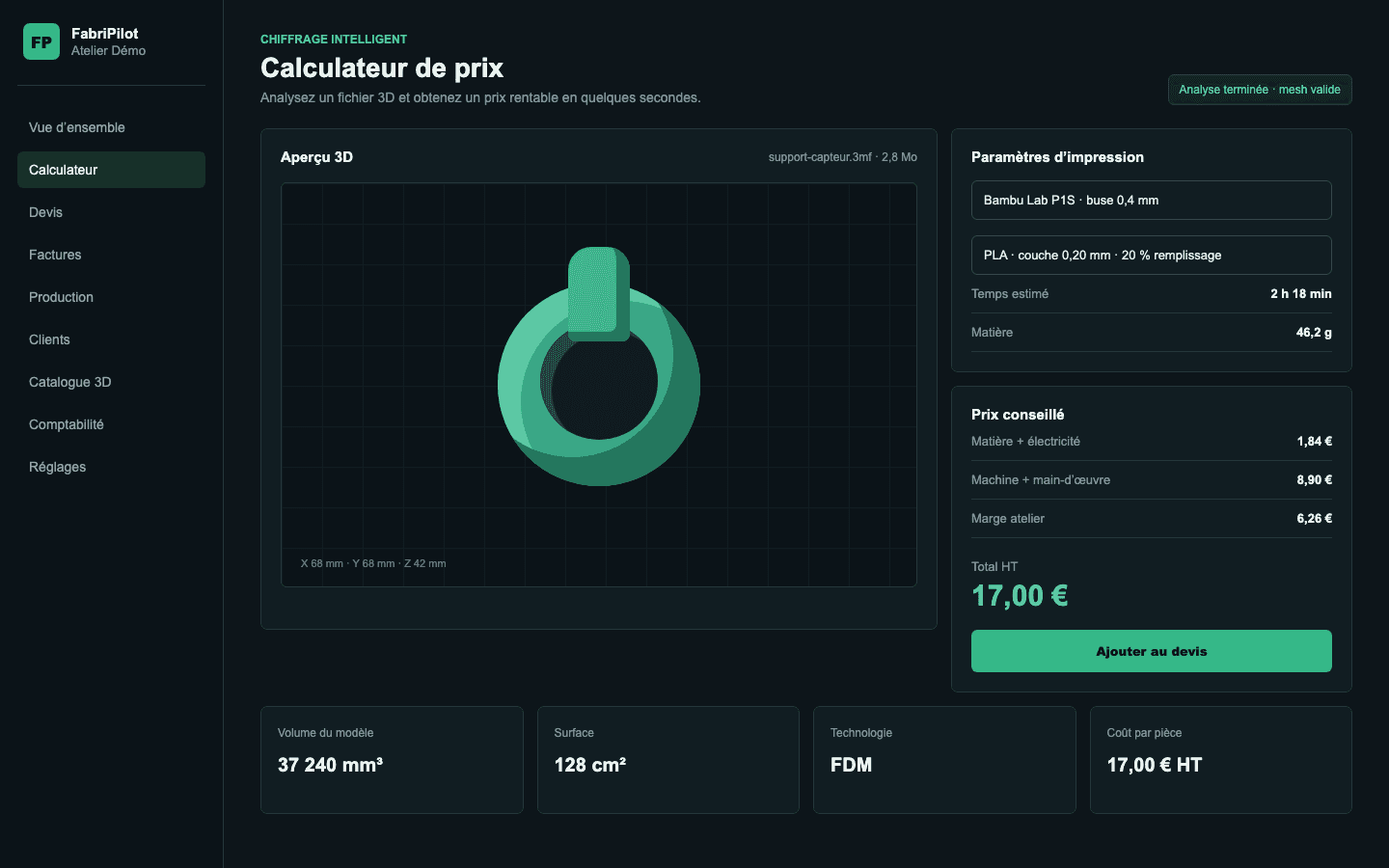 Calculateur de prix FabriPilot avec analyse d’un modèle 3D